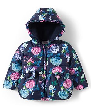 Babyhug Woven Full Sleeves Hooded Padded Jacket With Floral Print & Bow Applique - Navy Blue