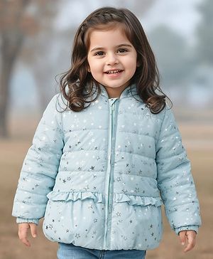 Babyhug Woven Full Sleeves Hooded Padded Jacket With Foil Star Print - Aqua Blue