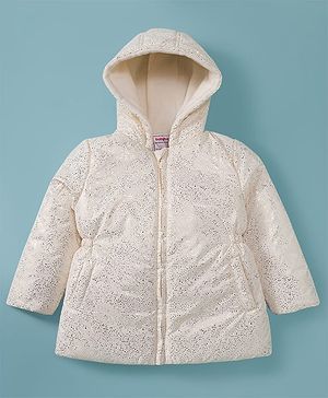 Babyhug Woven Full Sleeves Hooded Padded Jacket With Glitter Print - White