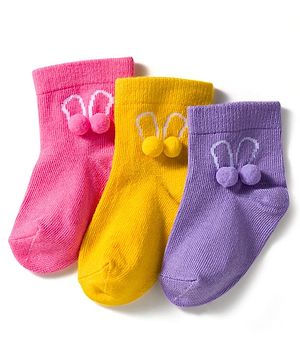 Cute Walk by Babyhug Knit Ankle Length Socks with 3D Pompom Applique Pack of 3 - Multicolor