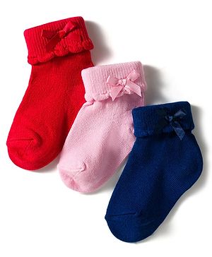 Cute Walk by Babyhug Knit Ankle Length Socks with 3D Bow Applique Pack of 3 - Multicolor