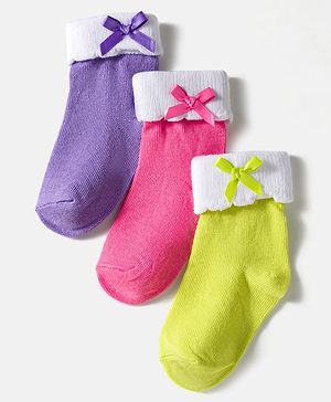 Cute Walk by Babyhug Knit Ankle Length Socks with 3D Bow Applique Pack of 3 - Multicolor