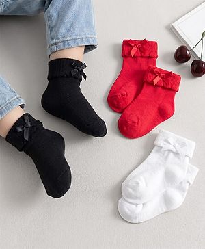 Cute Walk by Babyhug Knit Ankle Length Socks with 3D Bow Applique Pack of 3 - Multicolor