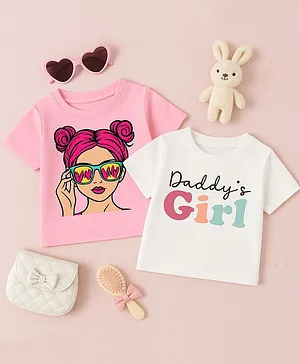 Luke and Lilly Cotton Knit Pack Of 2
                              Half Sleeves Cute Girl & Daddys Girl
                              Text Printed Tees - White & Pink