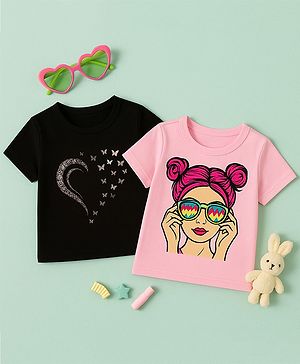 Luke and Lilly Cotton Knit Pack Of 2 Half Sleeves Heart & Cute Girl Printed Tees - Black & Pink