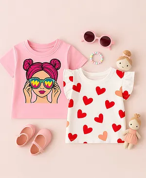 Luke and Lilly Cotton Knit Pack Of 2
                              Half Sleeves Hearts & Cute Girl
                              Printed Tees - White & Pink