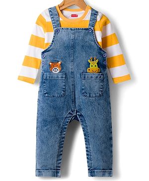 Babyhug Denim Dungaree & Single Jersey Knit Full Sleeves Striped Inner Tee With Animal Embroidery - Blue Yellow & White