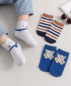 Cute Walk by Babyhug Knit Ankle Length Anti Bacterial Socks with Teddy & Stripe Design Pack of 3 - Navy Blue & White