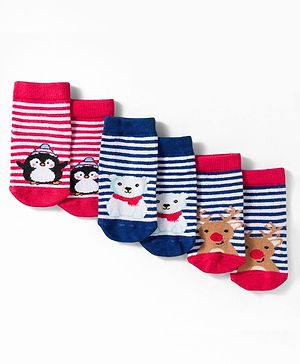 Cute Walk by Babyhug Knit Ankle Length Anti Bacterial Socks with Stripes & Animal Design Pack of 3 - Red & Navy Blue