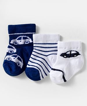 Cute Walk by Babyhug Knit Ankle Length Anti Bacterial Socks with Stripes & Vehicle Design Pack of 3 - White & Navy Blue