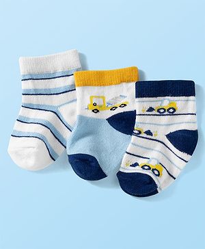 Cute Walk by Babyhug Knit Ankle Length Anti Bacterial Socks with Stripes & Vehicle Design Pack of 3 - White Navy Blue & Light Blue