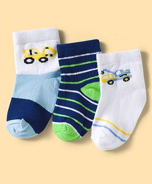 Cute Walk by Babyhug Knit Ankle Length Anti Bacterial Socks with Stripes & Vehicle Design Pack of 3 - Multicolor