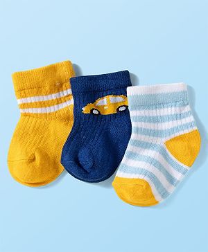 Cute Walk by Babyhug Knit Ankle Length Anti Bacterial Socks with Stripes & Vehicle Design Pack of 3 - Navy Blue & Light Blue