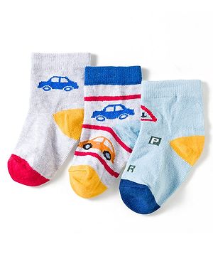 Cute Walk by Babyhug Knit Ankle Length Anti Bacterial Socks with Vehicle Design Pack of 3 - Red & Light Blue