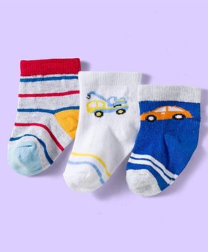 Cute Walk by Babyhug Knit Ankle Length Anti Bacterial Socks with Vehicle & Stripes Pack of 3 - White & Blue