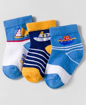 Cute Walk by Babyhug Knit Anti Bacterial Ankle Length Socks With Boat Design Pack of 3 - Multicolor
