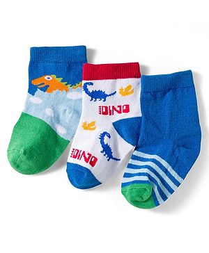 Cute Walk by Babyhug Knit Ankle Length Anti Bacterial Socks with Dino & Stripes Design Pack of 3 - White & Blue
