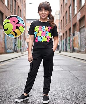 Pine Kids Single Jersey Knit Half Drop Shoulder Sleeves Top & Pant Set with Great Things Await Print - Black