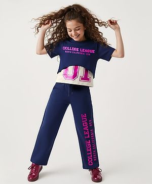Pine Kids Single Jersey Knit Half Sleeves Twofer Style Top and Palazzo Set with College League Print - Navy Blue & Grey