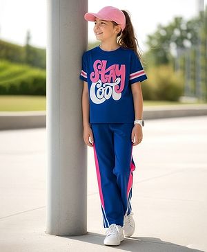 Pine Kids Single Jersey Knit Half Sleeves Top and Palazzo Set With Stay Cool Text Print - Blue