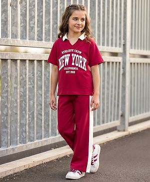 Pine Kids Single Jersey Knit Half Sleeves Top & Palazzo Set with New York Print & Tape Detailing - Dark Pink