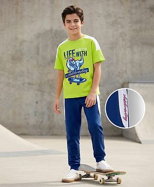 Pine Kids Single Jersey Knit Half Sleeves T-Shirt & Lounge Pant Set With Text Print - Lime Green & Navy Blue