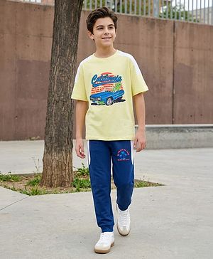 Pine Kids Single Jersey Knit Half Sleeves T-Shirt & Lounge Pant Set With Text Print - Yellow