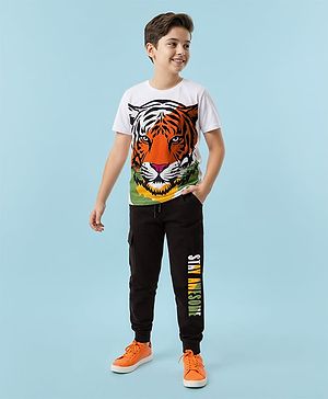 Pine Kids Single Jersey Knit Half Sleeves T-Shirt & Lounge Pant Set with Tiger Print - White & Black