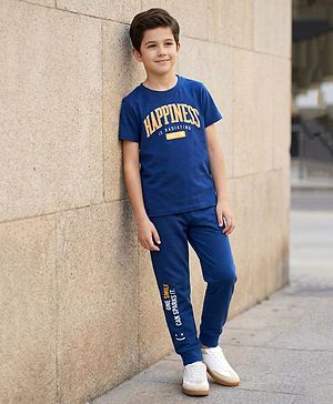 Pine Kids Single Jersey Knit Half Sleeves T-Shirt and Joggers Set with Happiness Text Print - Navy Blue