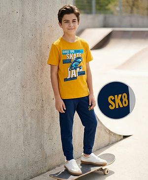 Pine Kids Single Jersey Knit Half Sleeves T-Shirt and Joggers Set with Skate Jam Text Print - Yellow & Navy Blue