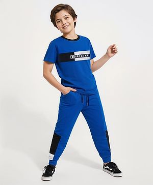 Pine Kids Single Jersey Knit Half Sleeves Cut & Sew T-Shirt & Lounge Pant Set with Text Print - Royal Blue
