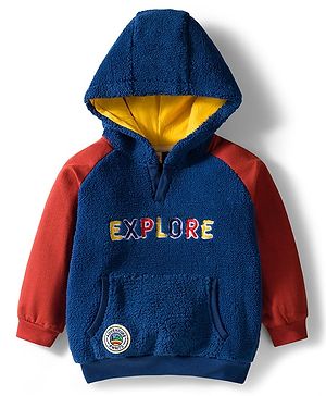 Babyhug Cotton Knit Full Raglan Sleeves Hooded Sweatshirt With Explore Embroidery & Kangaroo Pockets - Navy Blue