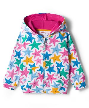 Babyhug Cotton Knit Full Sleeves Hooded Sweatjacket With Star Print & Kangaroo Pockets - Multicolor