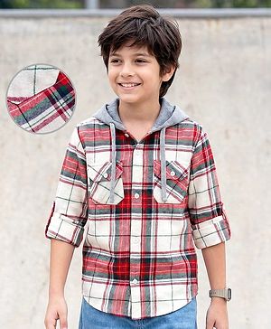 Pine Kids Cotton Woven Full Sleeves Brushed Hooded Shirt With Checks - Red