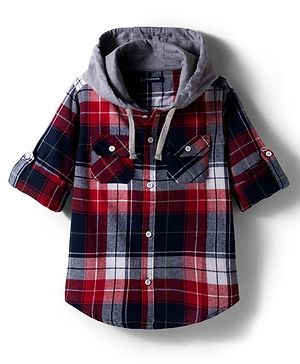 Pine Kids Cotton Woven Full Sleeves Hooded Checkered Shirt - Red