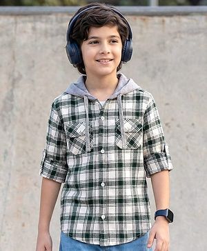 Pine Kids Cotton Woven Full Sleeves Brushed Hooded Shirt With Checks - Green