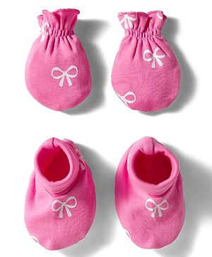 Babyhug 100% Cotton Interlock Knit Mittens & Booties Set with Bow Print - Dark Pink