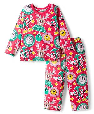Babyhug Cotton Knit Full Sleeves Co-ords Night Suit with Christmas Print - Red