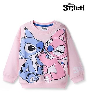 Bonfino Disney Terry Knit Drop Shoulder Full Sleeves Oversized Sweatshirt with Stitch & Angel Graphic - Light Pink