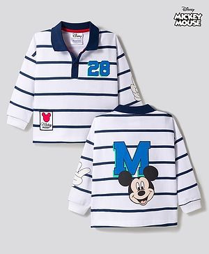 Bonfino Disney Terry Knit Full Sleeves Striped Collar Neck Sweatshirt with Front & Back Mickey Mouse Graphic & Badge Detailing - White