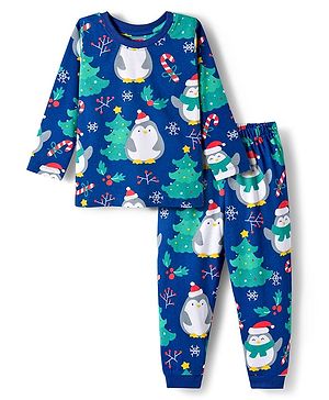 Babyhug Cotton Knit Full Sleeves Co-ords Night Suit with Christmas Print - Navy Blue