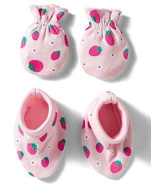 Babyhug 100% Cotton Knit Mittens & Booties Set with Strawberry Print - Pink