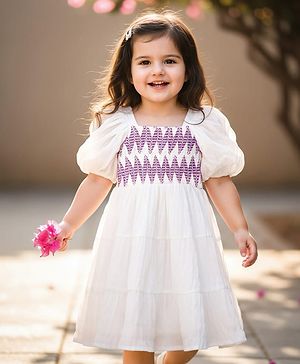 Babyhug Cotton Woven Half Puffed Sleeves Tiered Dress With Smock Detailing - White