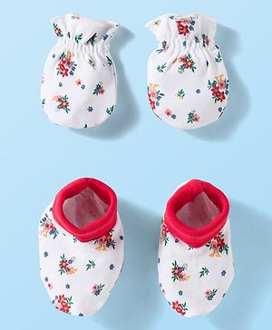 Babyhug 100% Cotton Knit Mittens & Booties Set with Floral Print - White