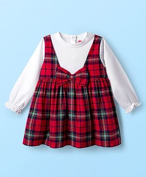 Babyhug Cotton Woven Full Sleeves Frock with Checks and Bow Applique - Red & White