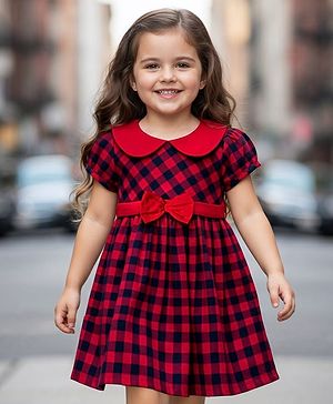 Babyhug Cotton Woven Half Sleeves Peter Pan Collar With Checks & Bow Applique - Red & Navy Blue