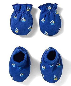 Babyhug 100% Cotton Knit Mittens & Booties Set with Ship Print - Navy Blue