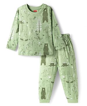 Babyhug Cotton Knit Full Sleeves Co-ords Night Suit with Jungle Theme Print - Light Green