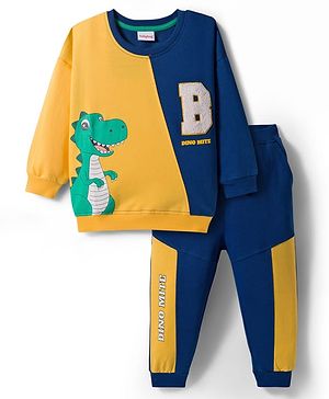 Babyhug Terry Knit Premium Light Gauge Terry Full Sleeves Cut & Sew T-Shirt & Lounge Pant Set with Dino Graphic - Yellow & Navy Blue