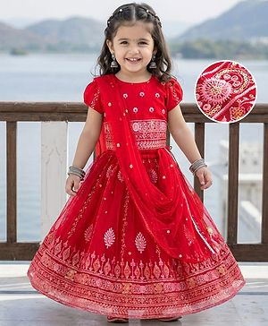 Babyhug Brocade Woven Half Puffed Sleeves Choli Lehenga Set with Dupatta Set & Floral Embroidery - Red